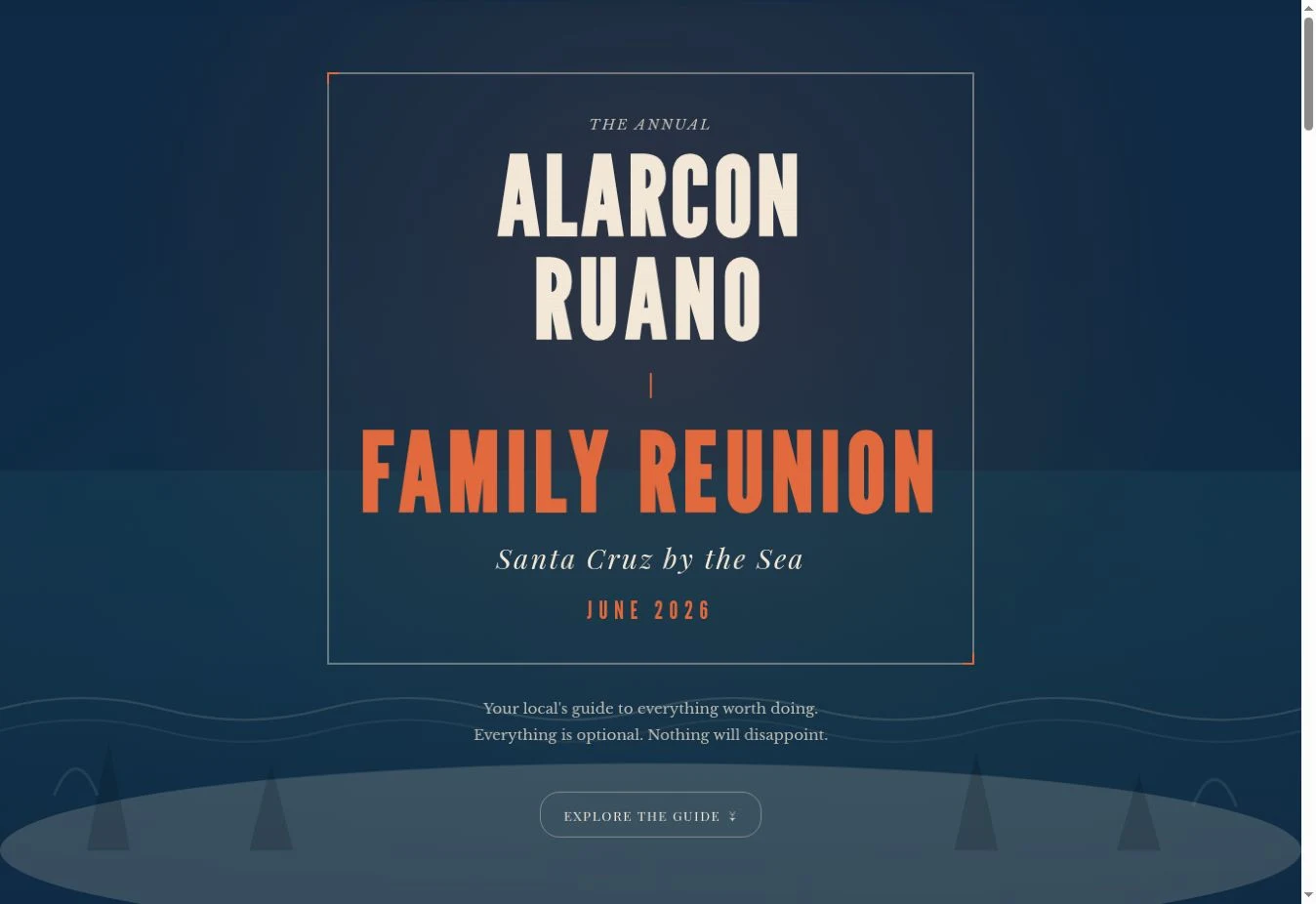 The original Alarcon Ruano Family Reunion guest website for Santa Cruz, June 2026